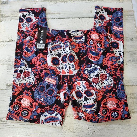 Candy Skull Women's Leggings Halloween Salmon Blue OSFM - Picture 3 of 4